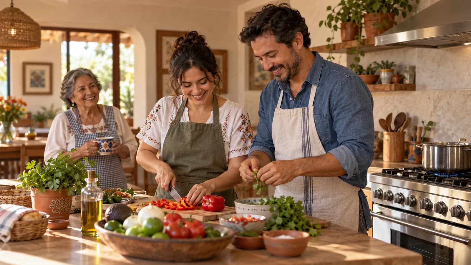Una familia comparte la preparación de la comida en casa